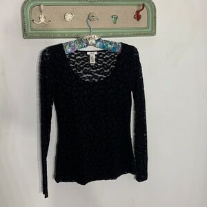 Cache mesh leopard nylon black long sleeve shirt small fitted stretch top